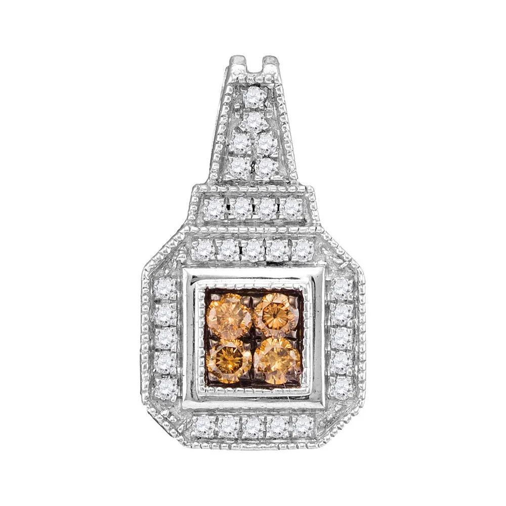 10kt White Gold Womens Round Brown Diamond Square Cluster Pendant 1/3 Cttw