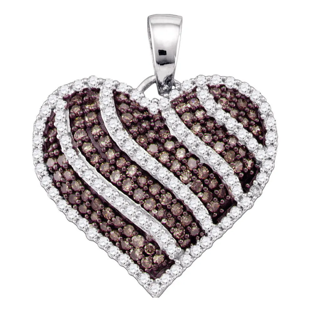 10kt White Gold Womens Round Brown Diamond Striped Heart Pendant 1.00 Cttw