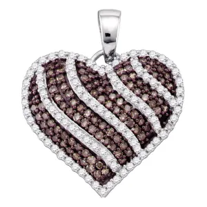 10kt White Gold Womens Round Brown Diamond Striped Heart Pendant 1.00 Cttw