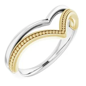 14K White & Yellow Beaded V Ring