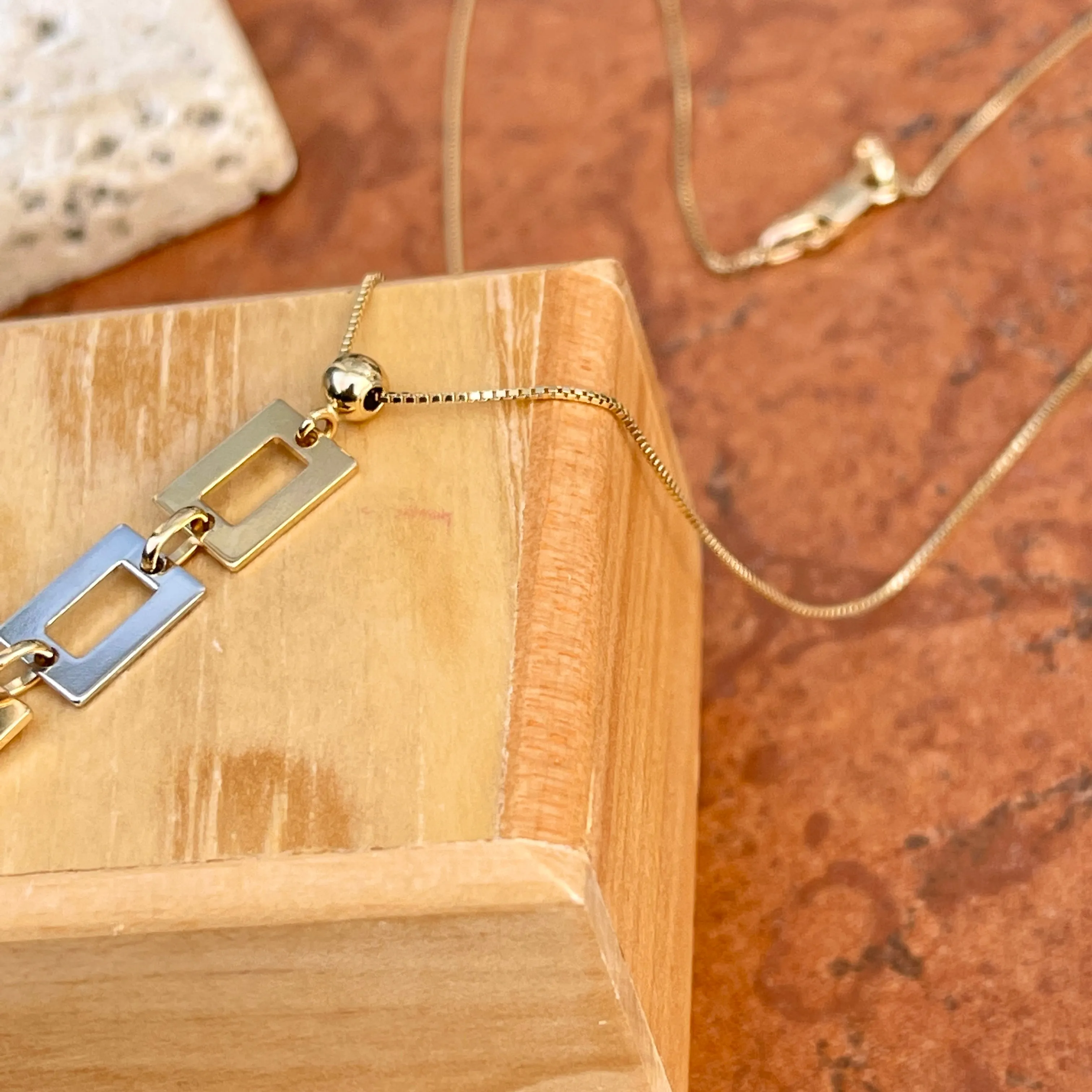 14KT Yellow Gold   White Gold Geometric Squares Pendant Chain Necklace