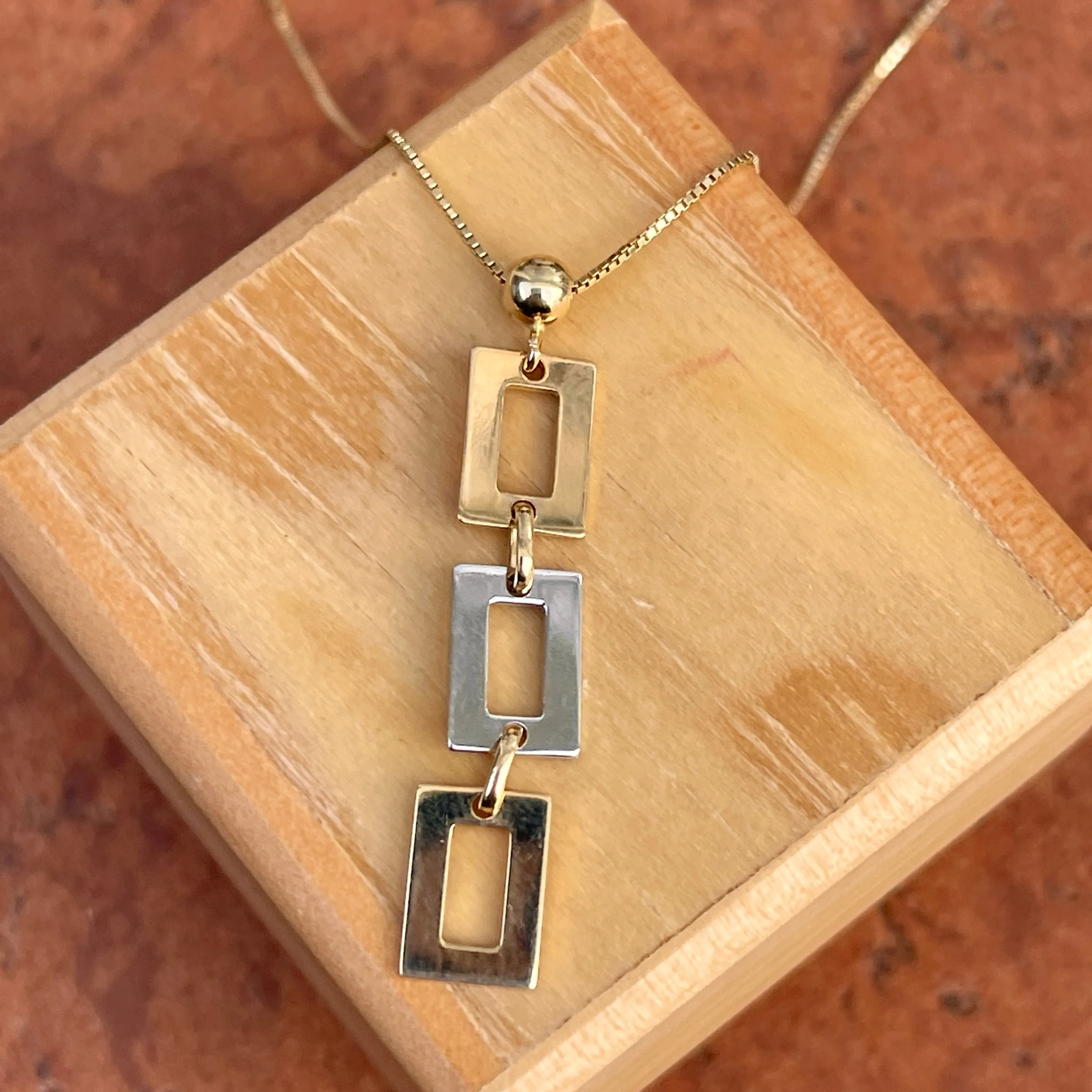 14KT Yellow Gold   White Gold Geometric Squares Pendant Chain Necklace