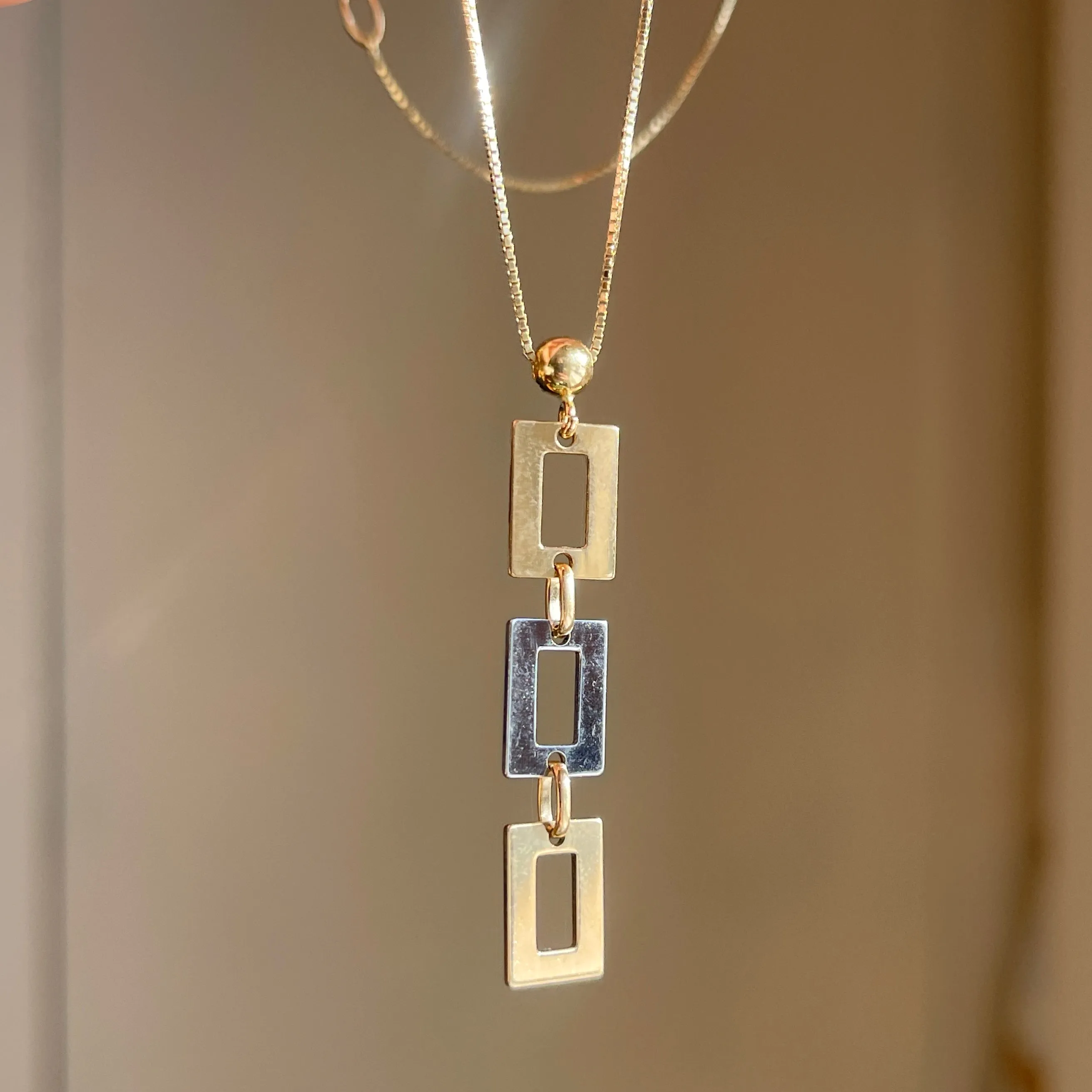 14KT Yellow Gold   White Gold Geometric Squares Pendant Chain Necklace