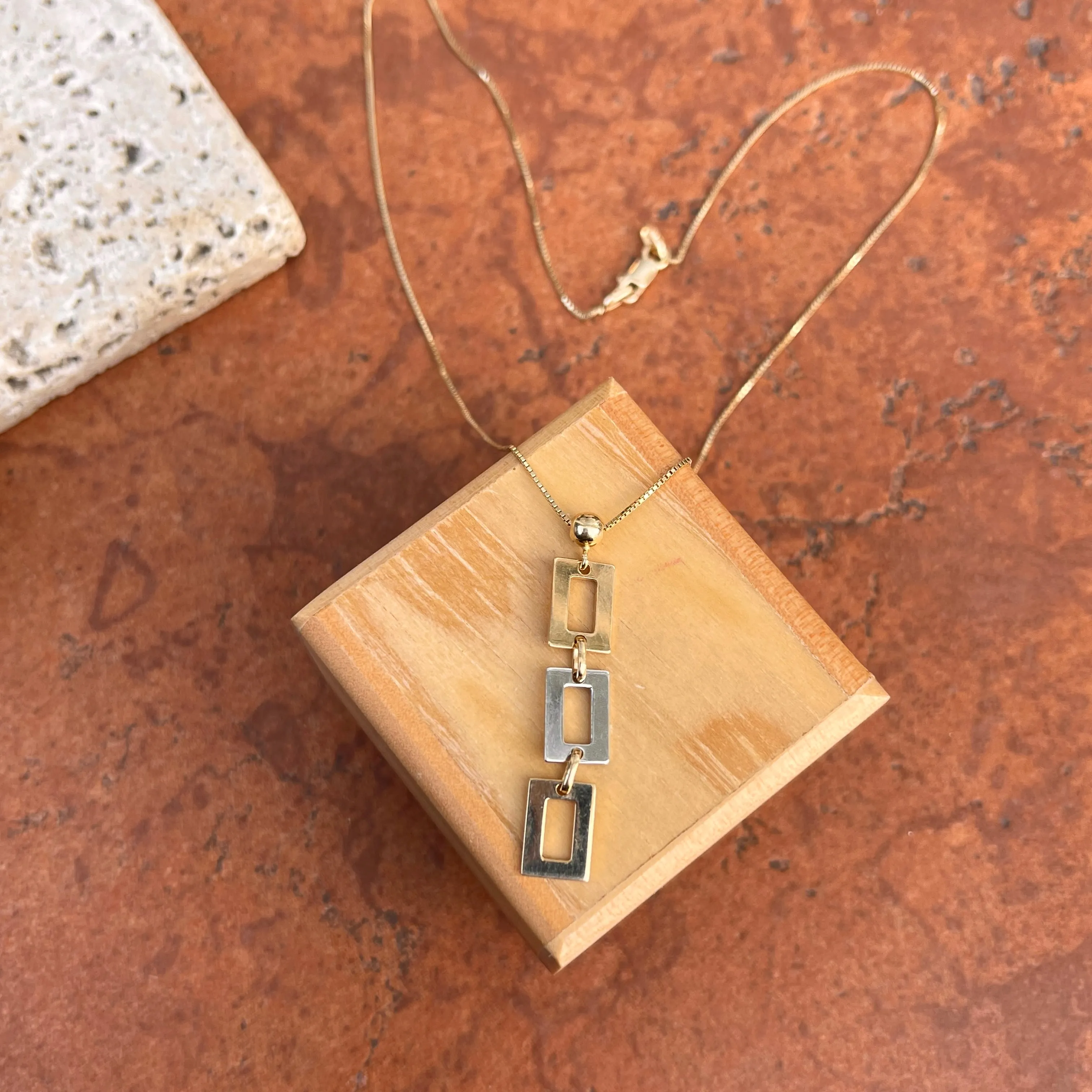 14KT Yellow Gold   White Gold Geometric Squares Pendant Chain Necklace