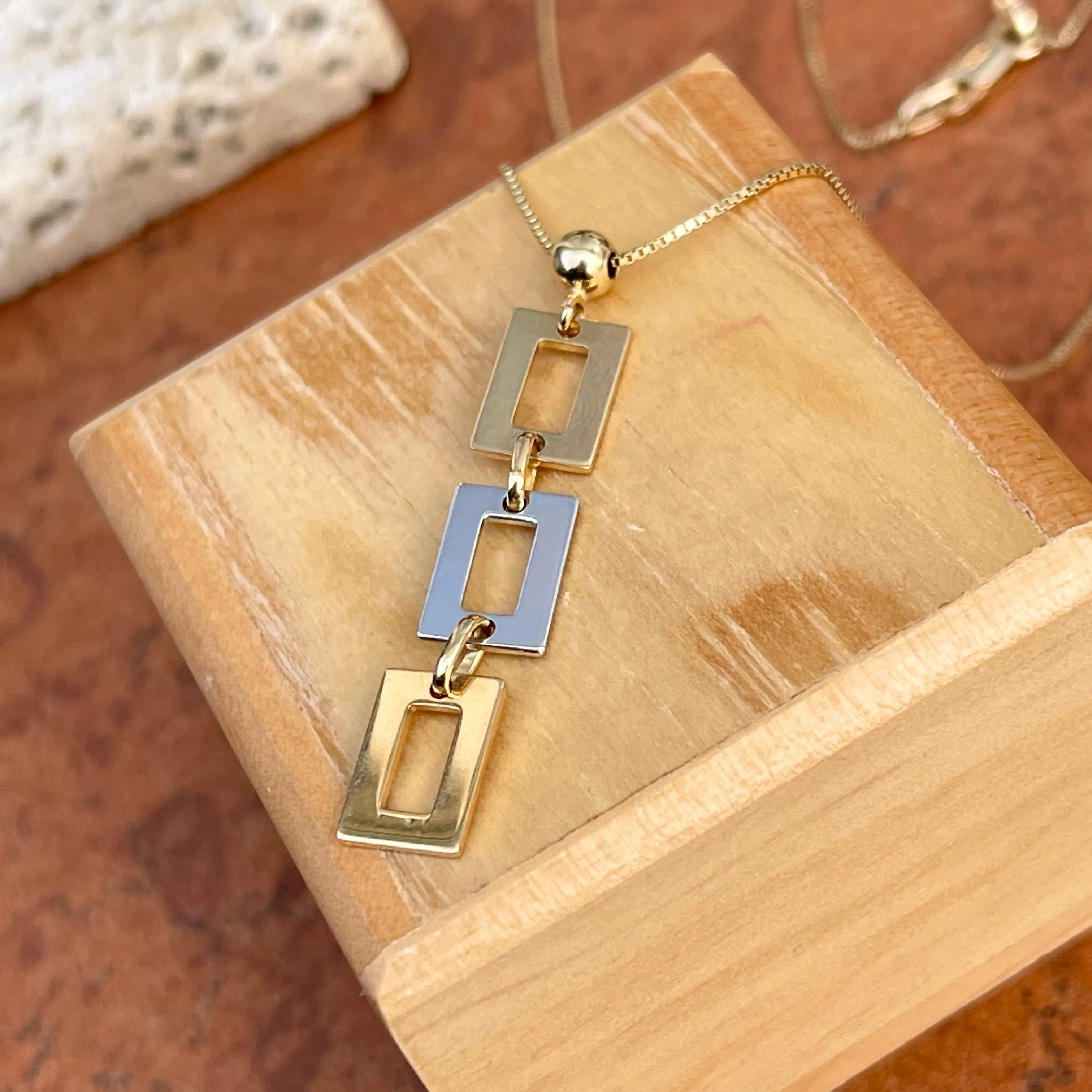 14KT Yellow Gold   White Gold Geometric Squares Pendant Chain Necklace