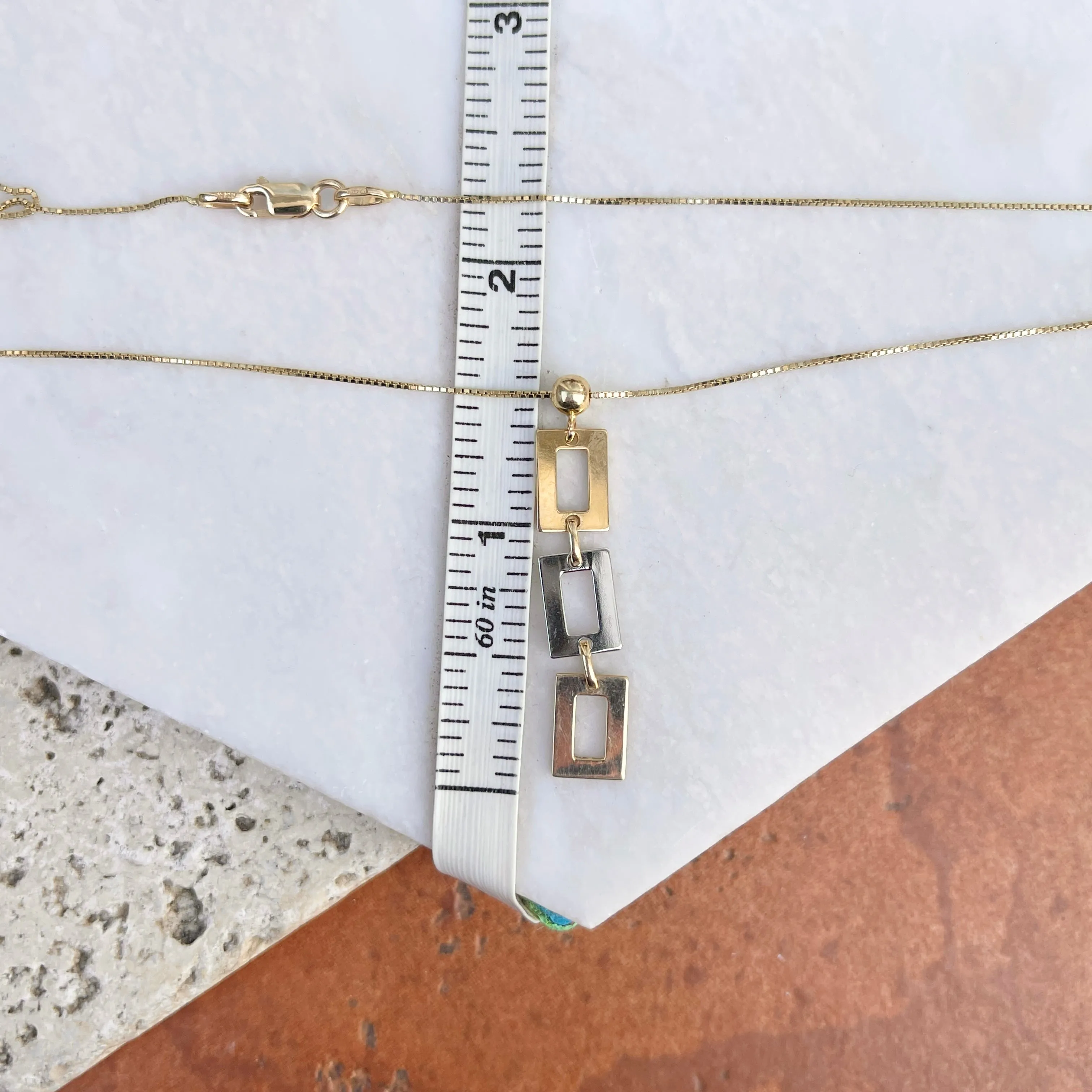 14KT Yellow Gold   White Gold Geometric Squares Pendant Chain Necklace