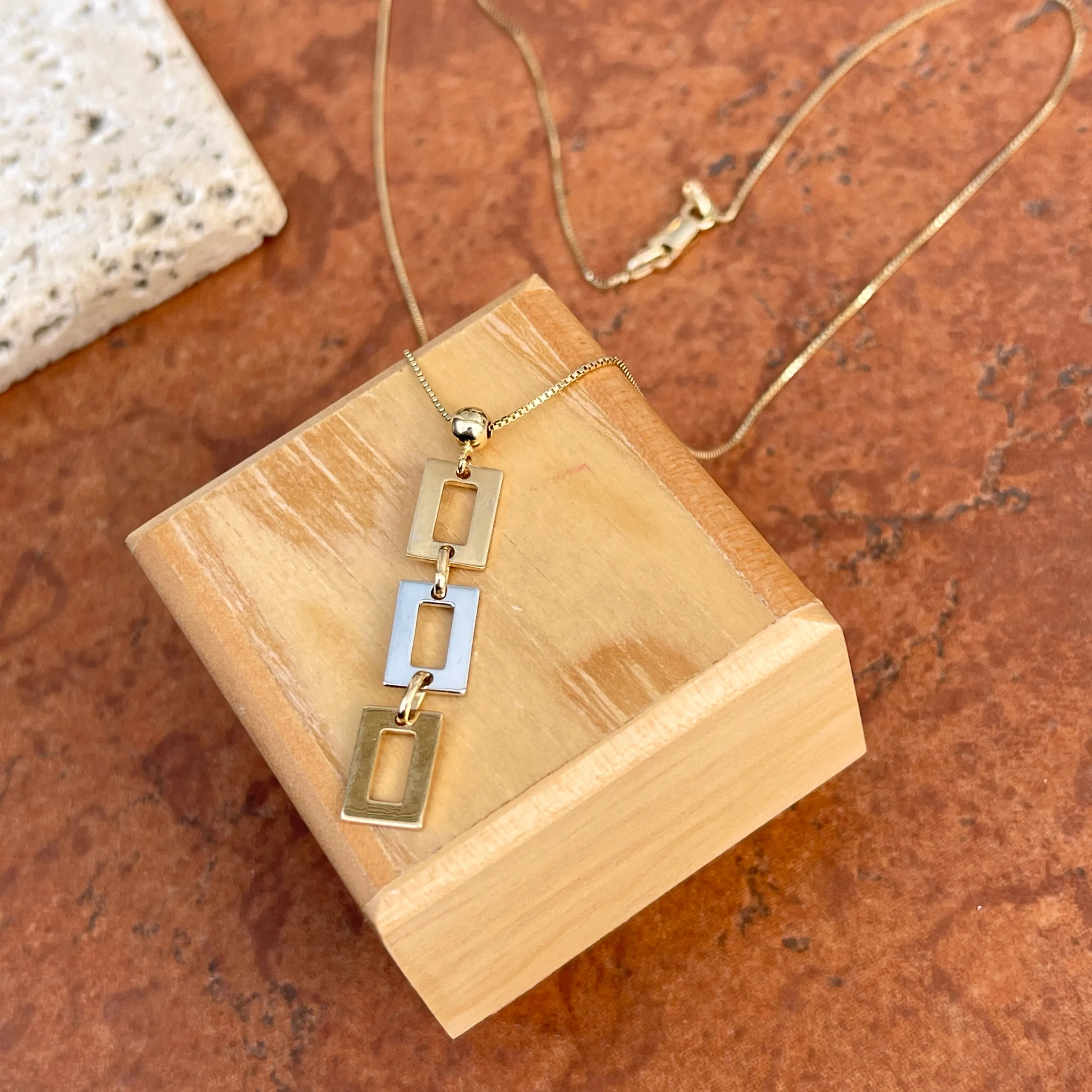 14KT Yellow Gold   White Gold Geometric Squares Pendant Chain Necklace