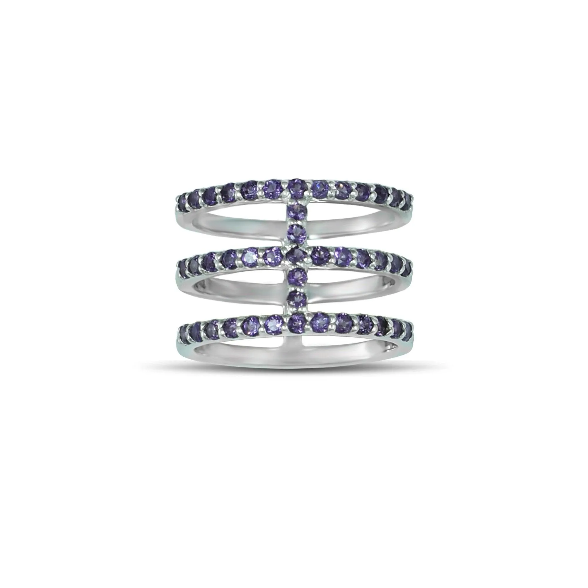 Amethyst Geometric Ring - Three Row Fashion Amethyst Ring in Silver