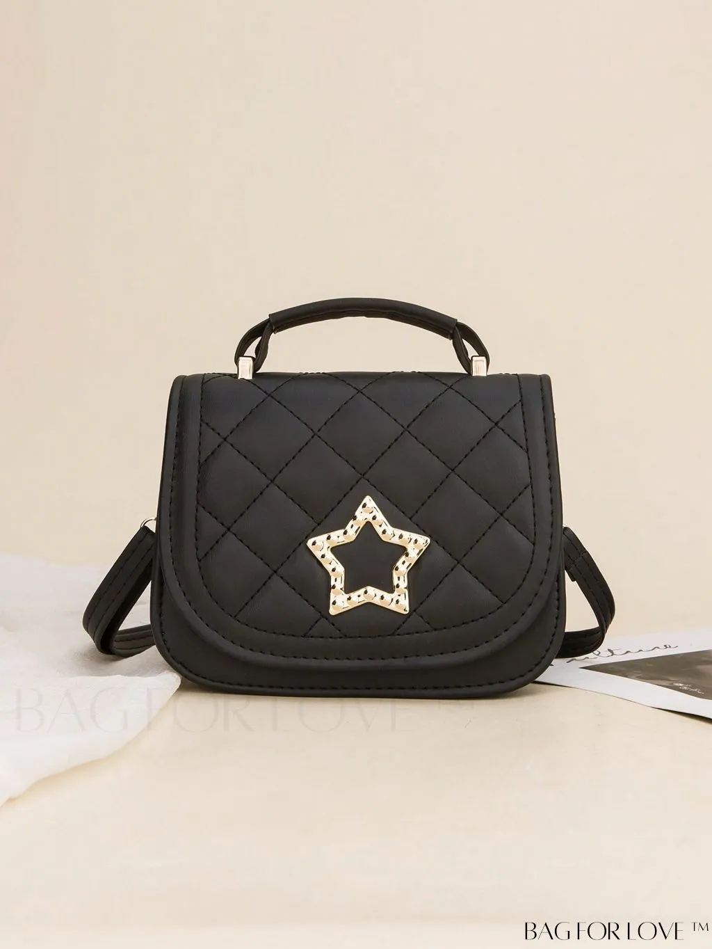 BagForLove - Black Quilted Mini Star Decor Saddle Bag with Chic Pattern