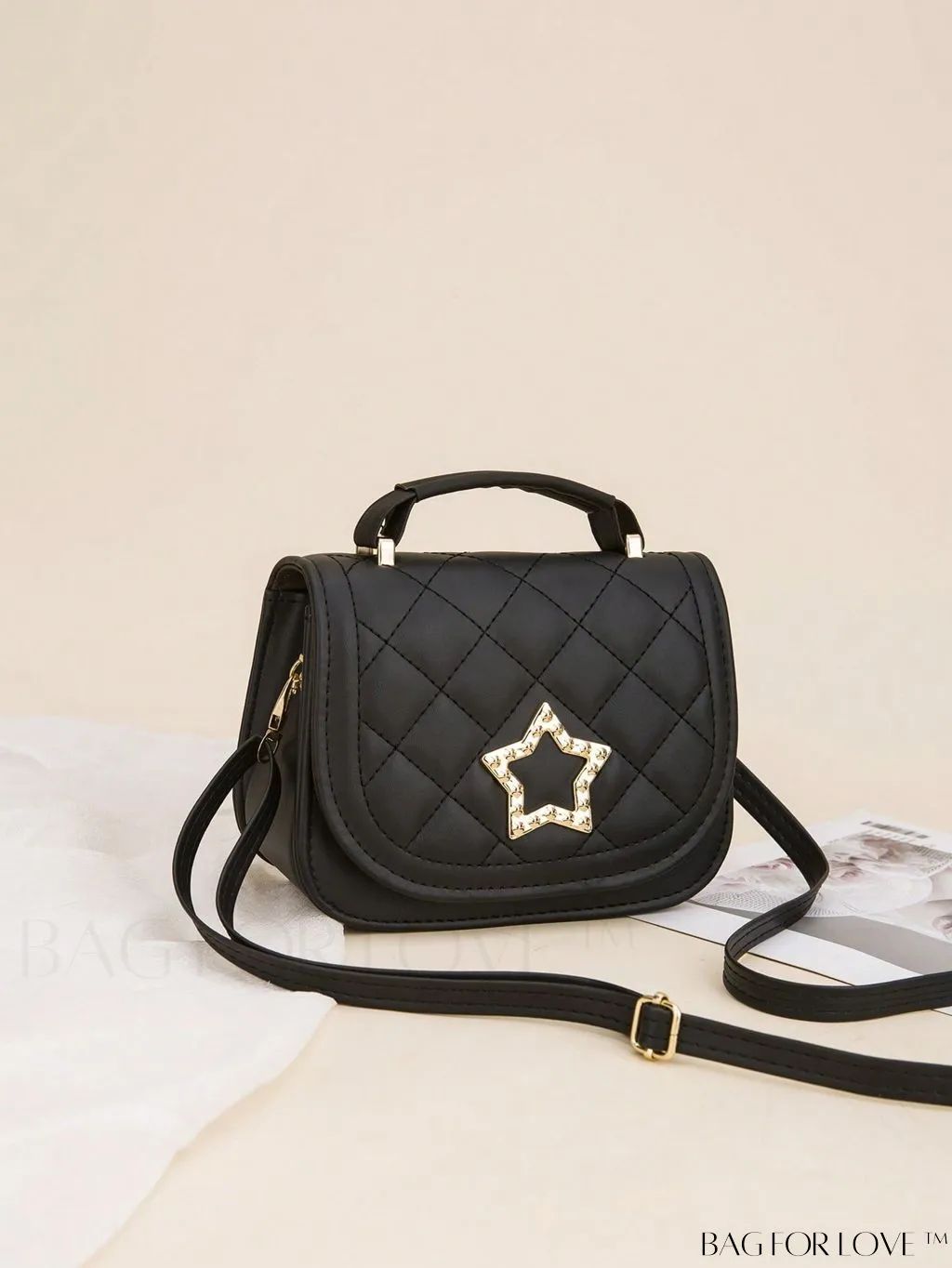 BagForLove - Black Quilted Mini Star Decor Saddle Bag with Chic Pattern