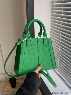 BagForLove - Chic Crocodile Embossed Double Handle Green Square PU Bag - Fashionably Stylish