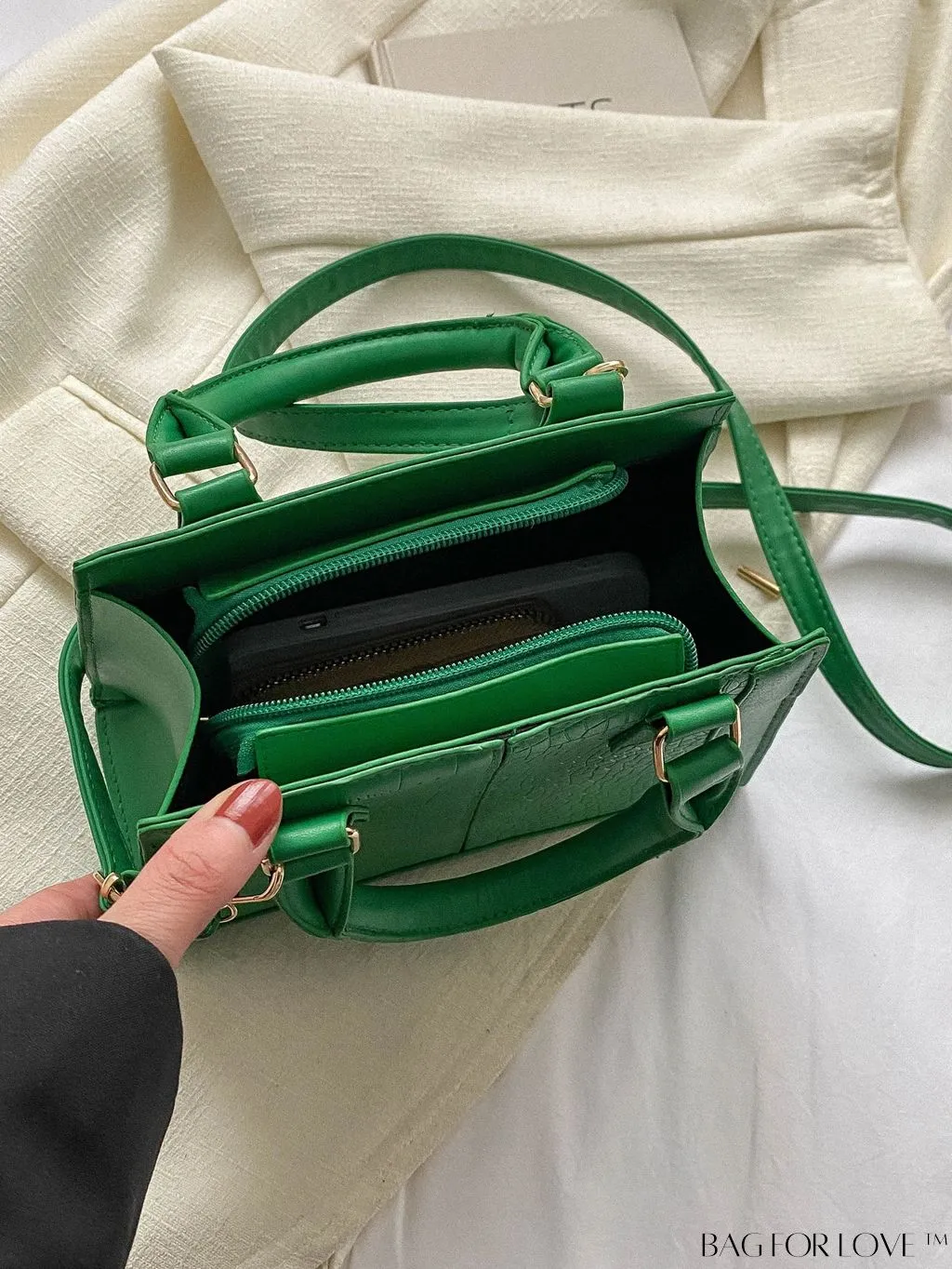 BagForLove - Chic Crocodile Embossed Double Handle Green Square PU Bag - Fashionably Stylish