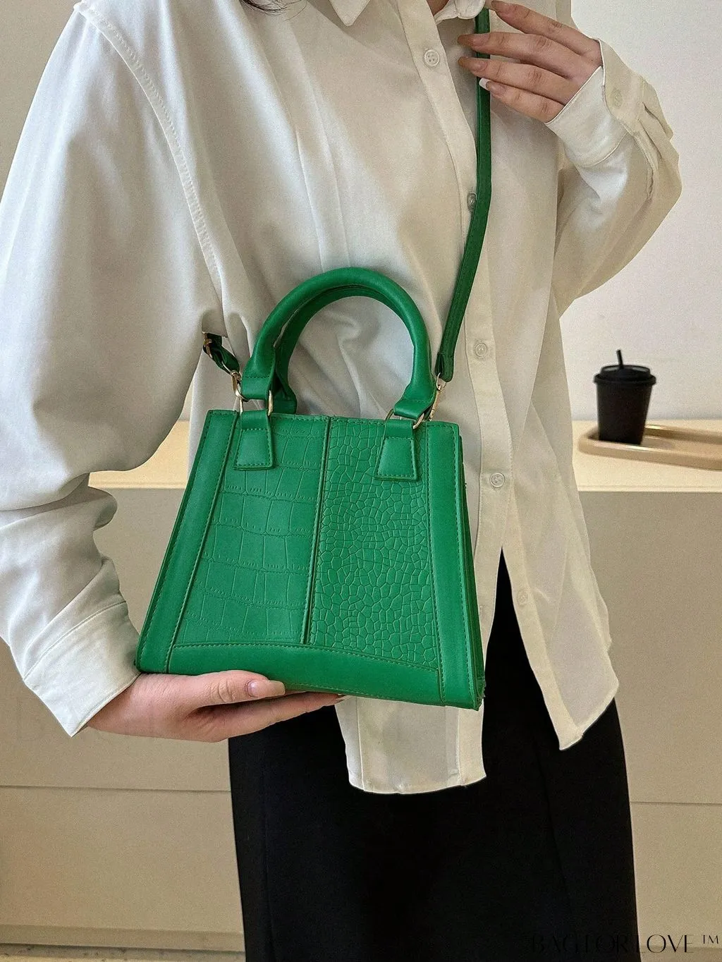 BagForLove - Chic Crocodile Embossed Double Handle Green Square PU Bag - Fashionably Stylish