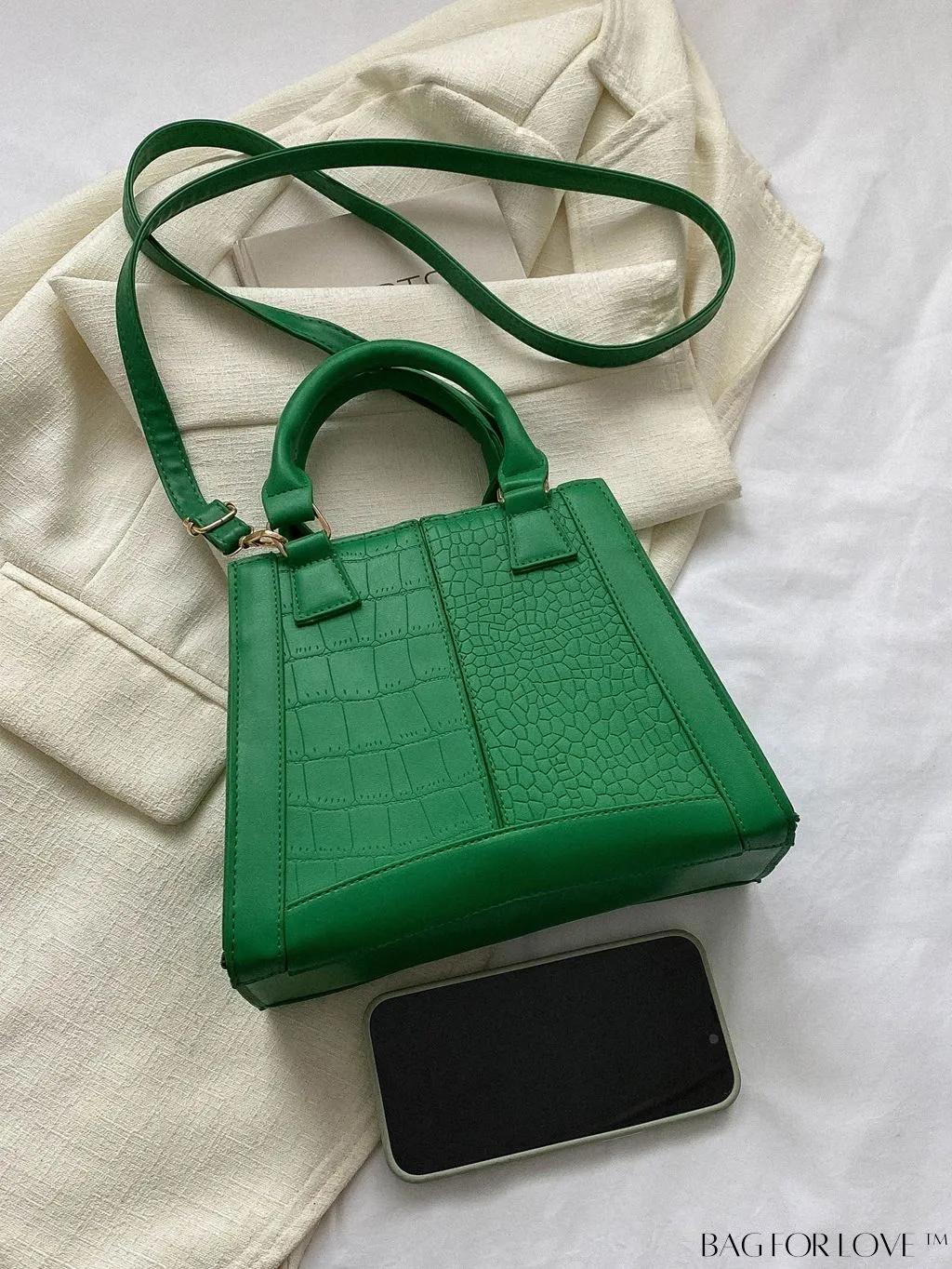 BagForLove - Chic Crocodile Embossed Double Handle Green Square PU Bag - Fashionably Stylish