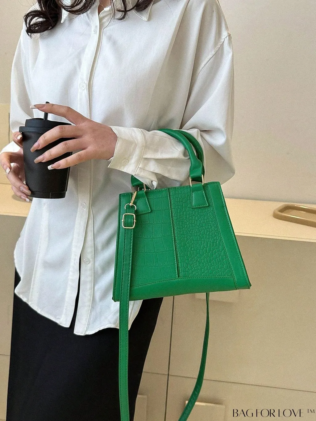 BagForLove - Chic Crocodile Embossed Double Handle Green Square PU Bag - Fashionably Stylish