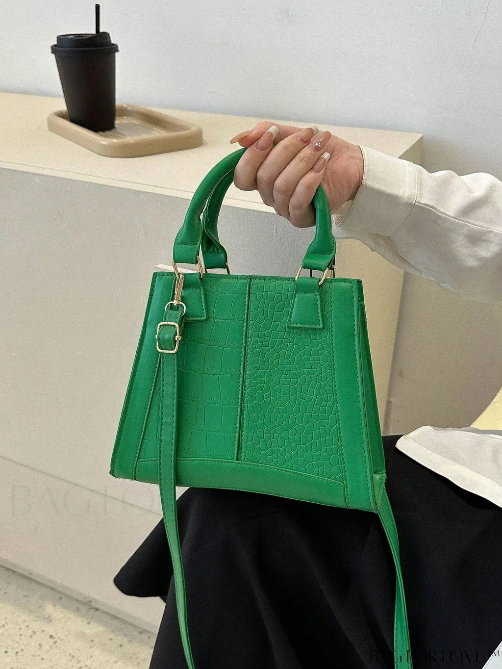 BagForLove - Chic Crocodile Embossed Double Handle Green Square PU Bag - Fashionably Stylish