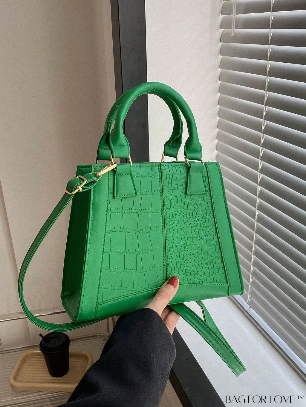 BagForLove - Chic Crocodile Embossed Double Handle Green Square PU Bag - Fashionably Stylish