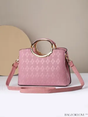 BagForLove - Chic Diamond Pattern Embossed Metal Ring Handle Tote Handbag - Minimalist Fashion