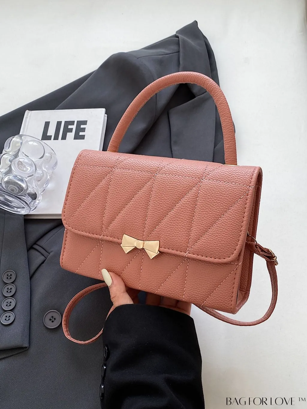 BagForLove - Chic Flap Handbag with Stylish Stitching, Bow Detail, and Adjustable Strap