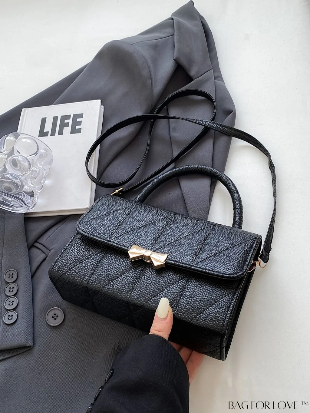 BagForLove - Chic Flap Handbag with Stylish Stitching, Bow Detail, and Adjustable Strap