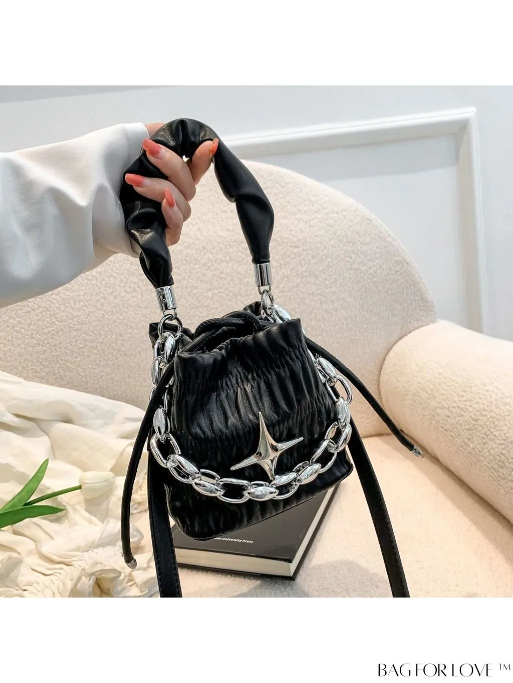 BagForLove - Chic Pink Pleated Drawstring Bucket Bag with Metallic Chain Accents
