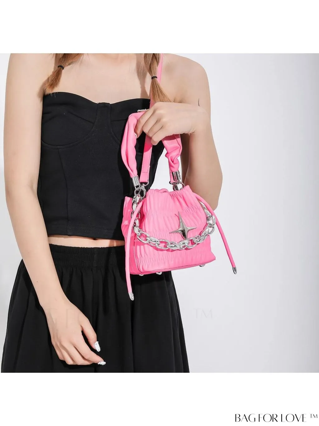 BagForLove - Chic Pink Pleated Drawstring Bucket Bag with Metallic Chain Accents