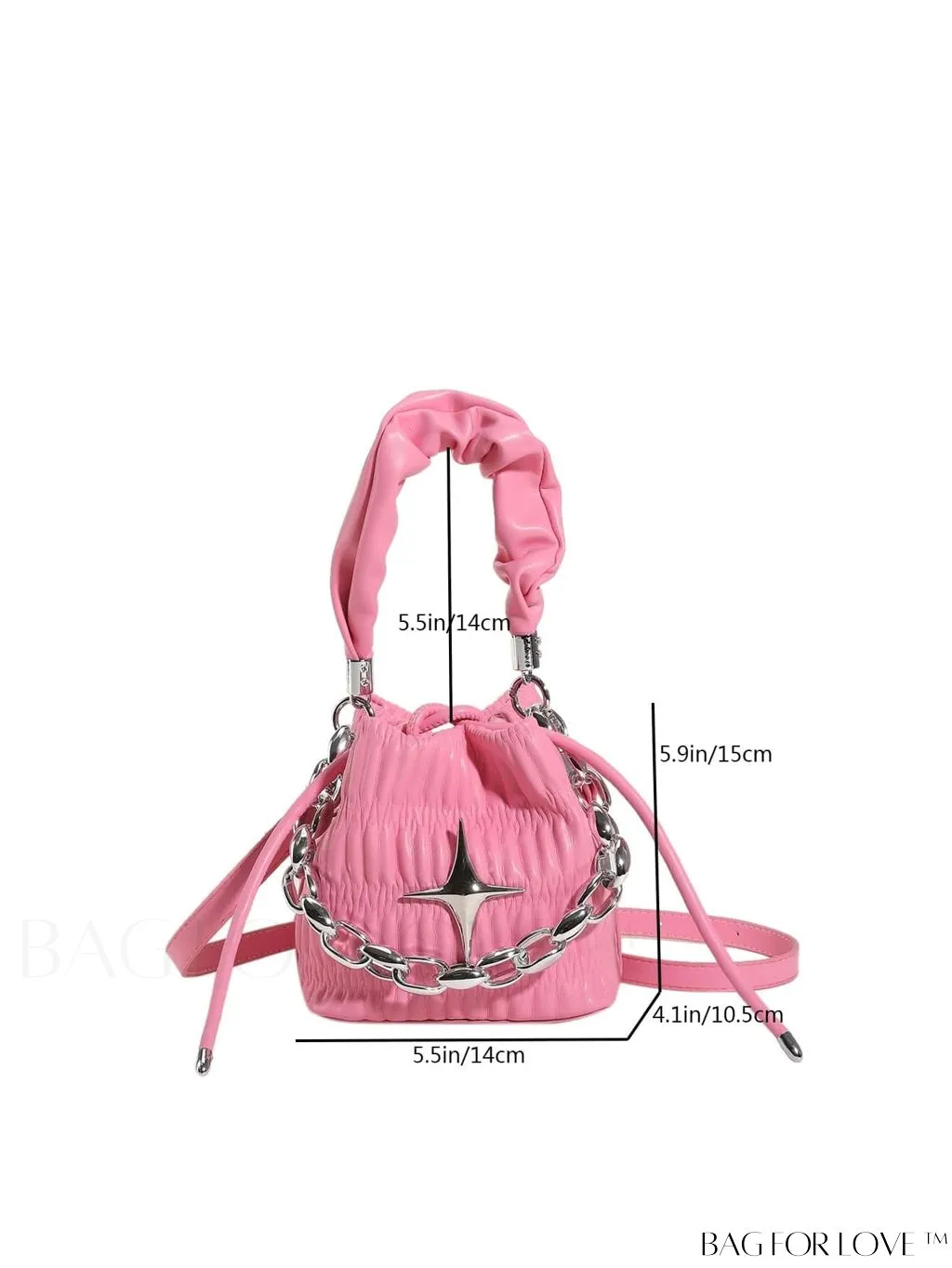 BagForLove - Chic Pink Pleated Drawstring Bucket Bag with Metallic Chain Accents