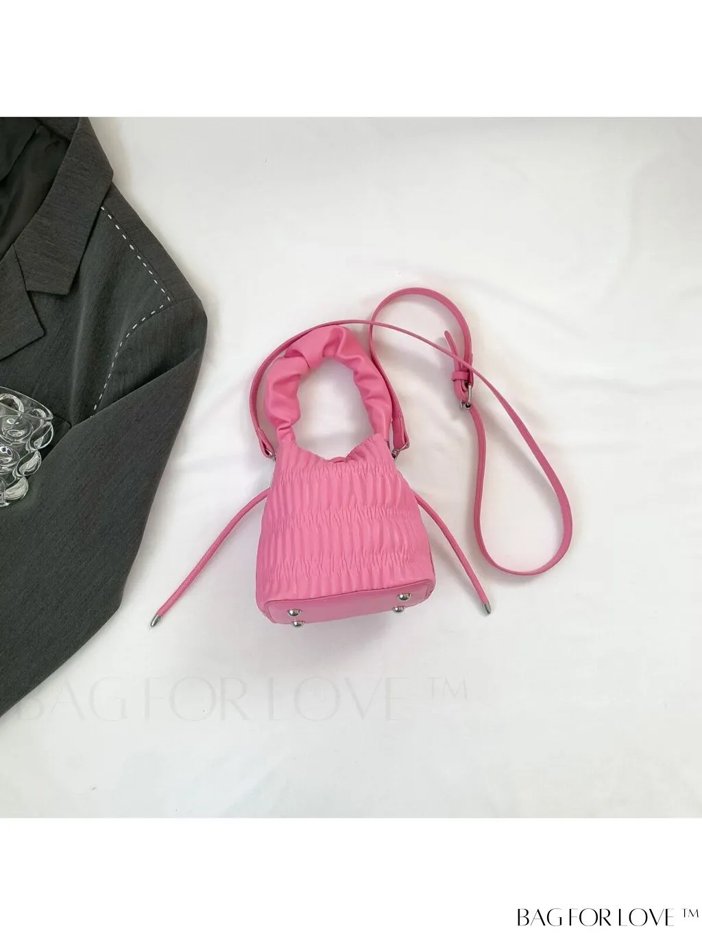 BagForLove - Chic Pink Pleated Drawstring Bucket Bag with Metallic Chain Accents