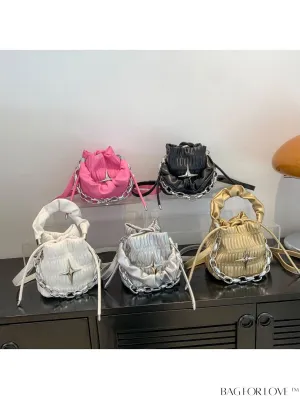 BagForLove - Chic Pink Pleated Drawstring Bucket Bag with Metallic Chain Accents