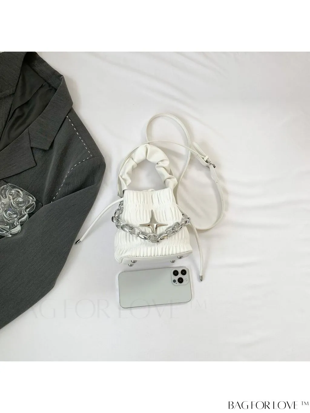 BagForLove - Chic Pink Pleated Drawstring Bucket Bag with Metallic Chain Accents