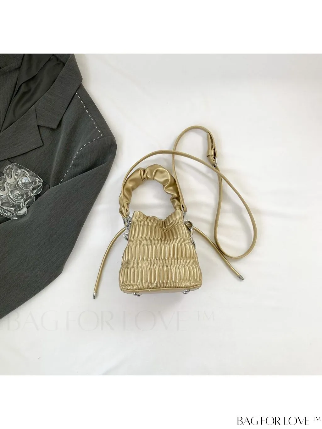 BagForLove - Chic Pink Pleated Drawstring Bucket Bag with Metallic Chain Accents