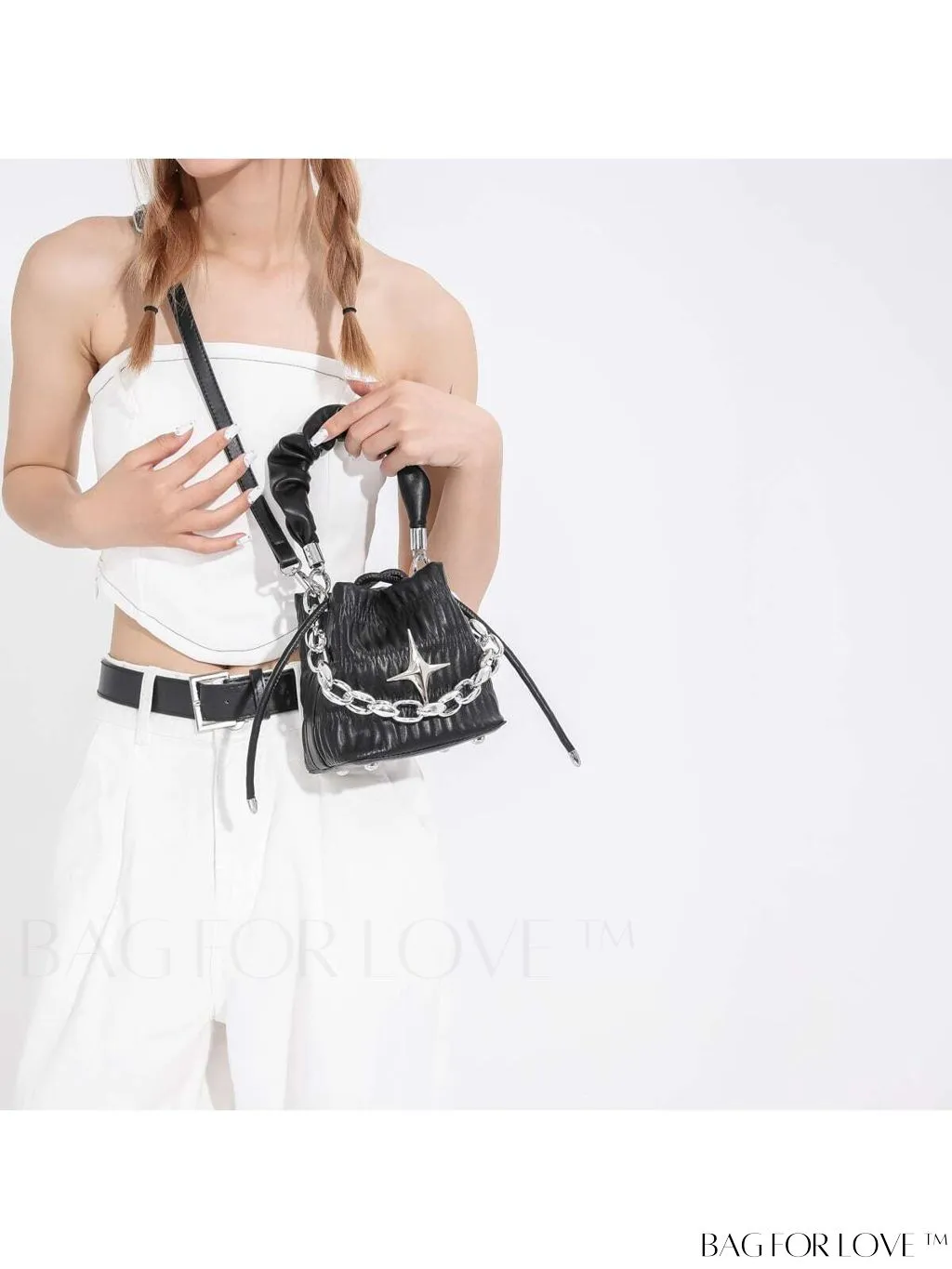 BagForLove - Chic Pink Pleated Drawstring Bucket Bag with Metallic Chain Accents