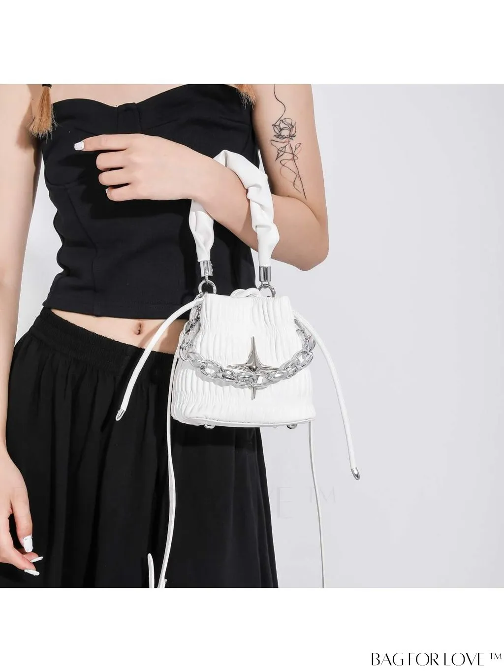 BagForLove - Chic Pink Pleated Drawstring Bucket Bag with Metallic Chain Accents