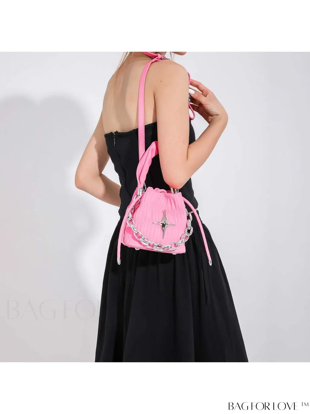 BagForLove - Chic Pink Pleated Drawstring Bucket Bag with Metallic Chain Accents