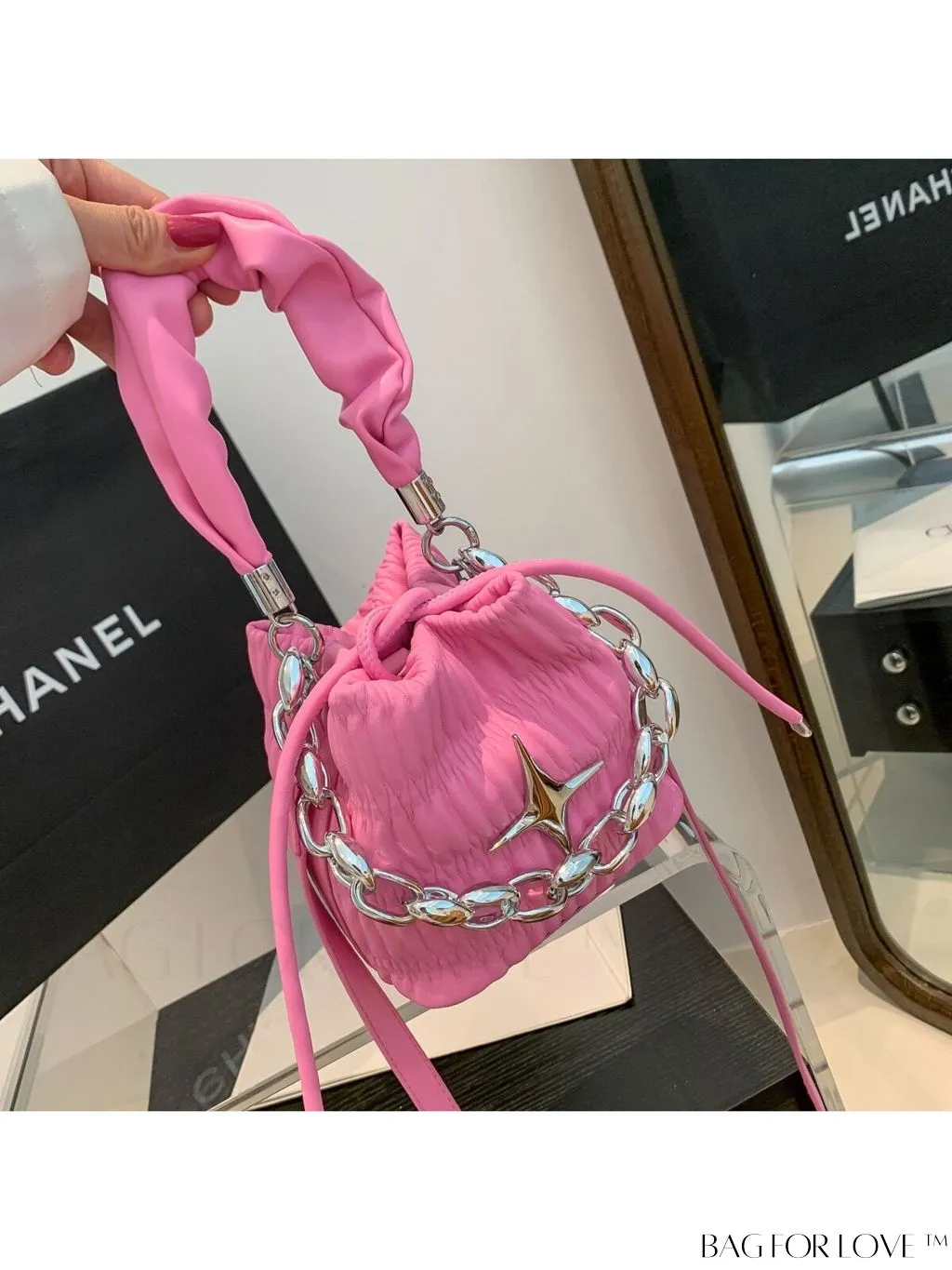 BagForLove - Chic Pink Pleated Drawstring Bucket Bag with Metallic Chain Accents