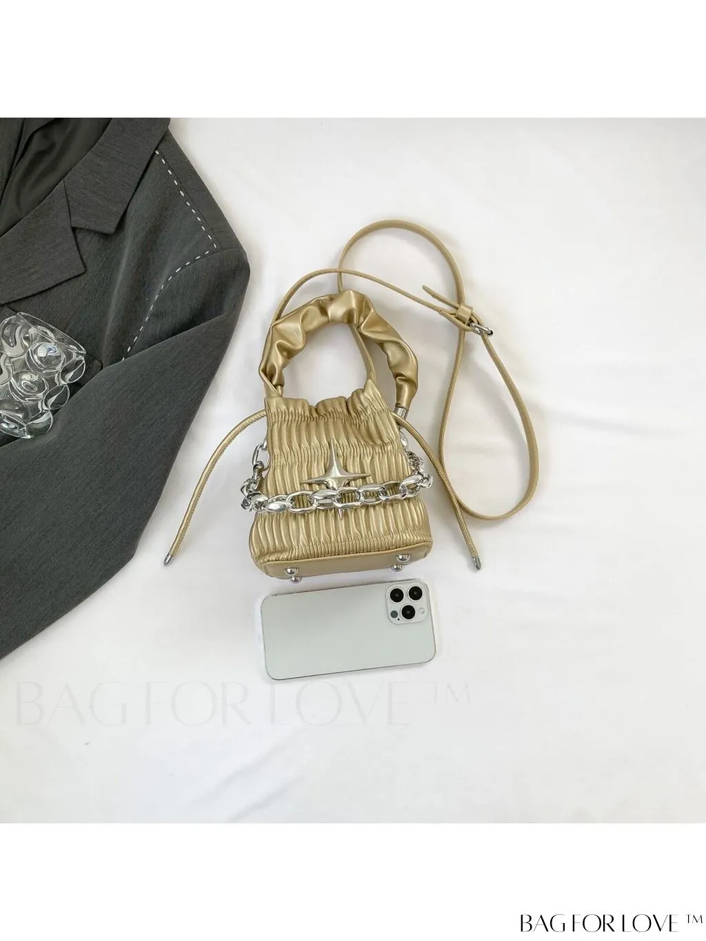 BagForLove - Chic Pink Pleated Drawstring Bucket Bag with Metallic Chain Accents