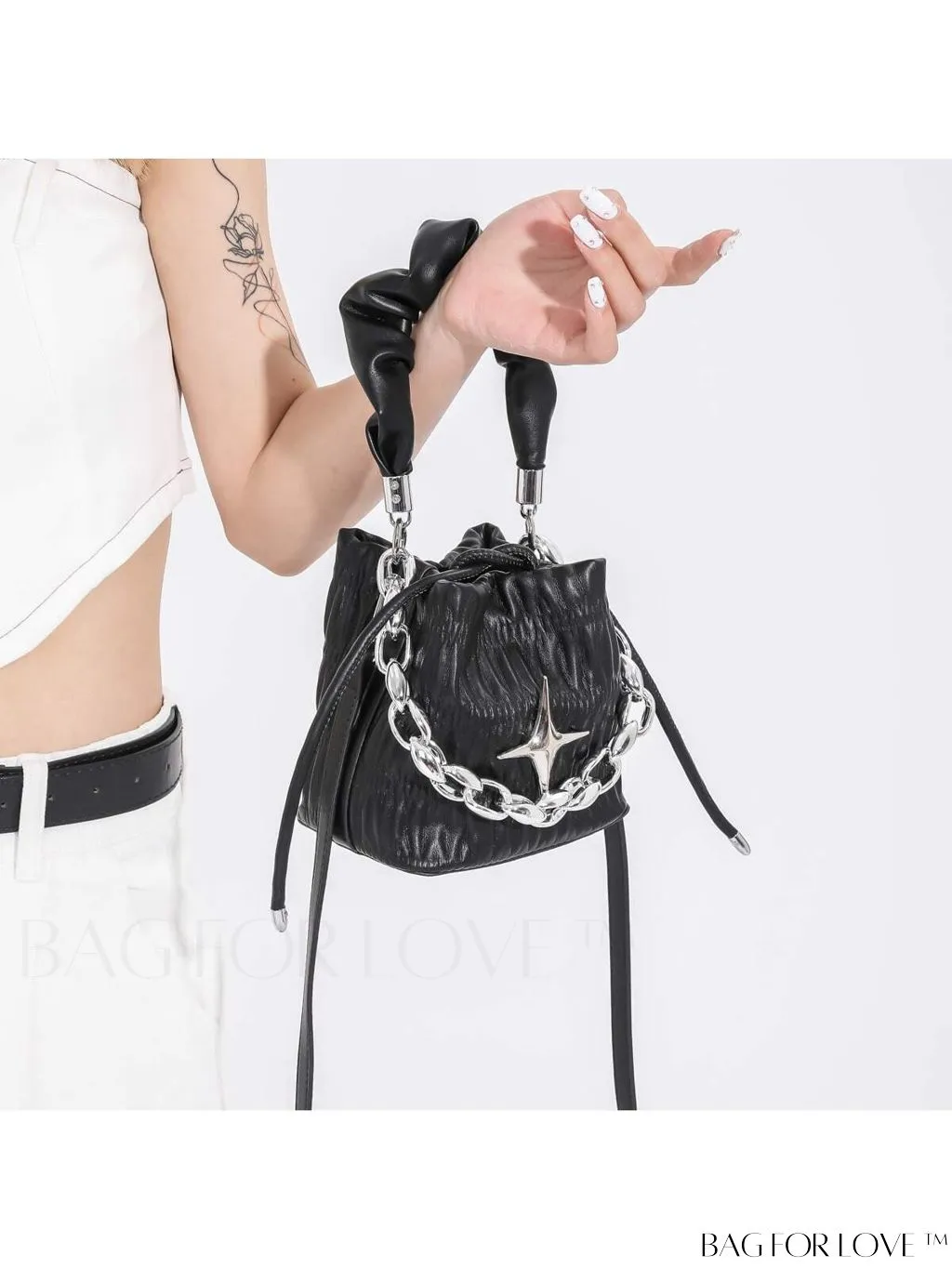 BagForLove - Chic Pink Pleated Drawstring Bucket Bag with Metallic Chain Accents