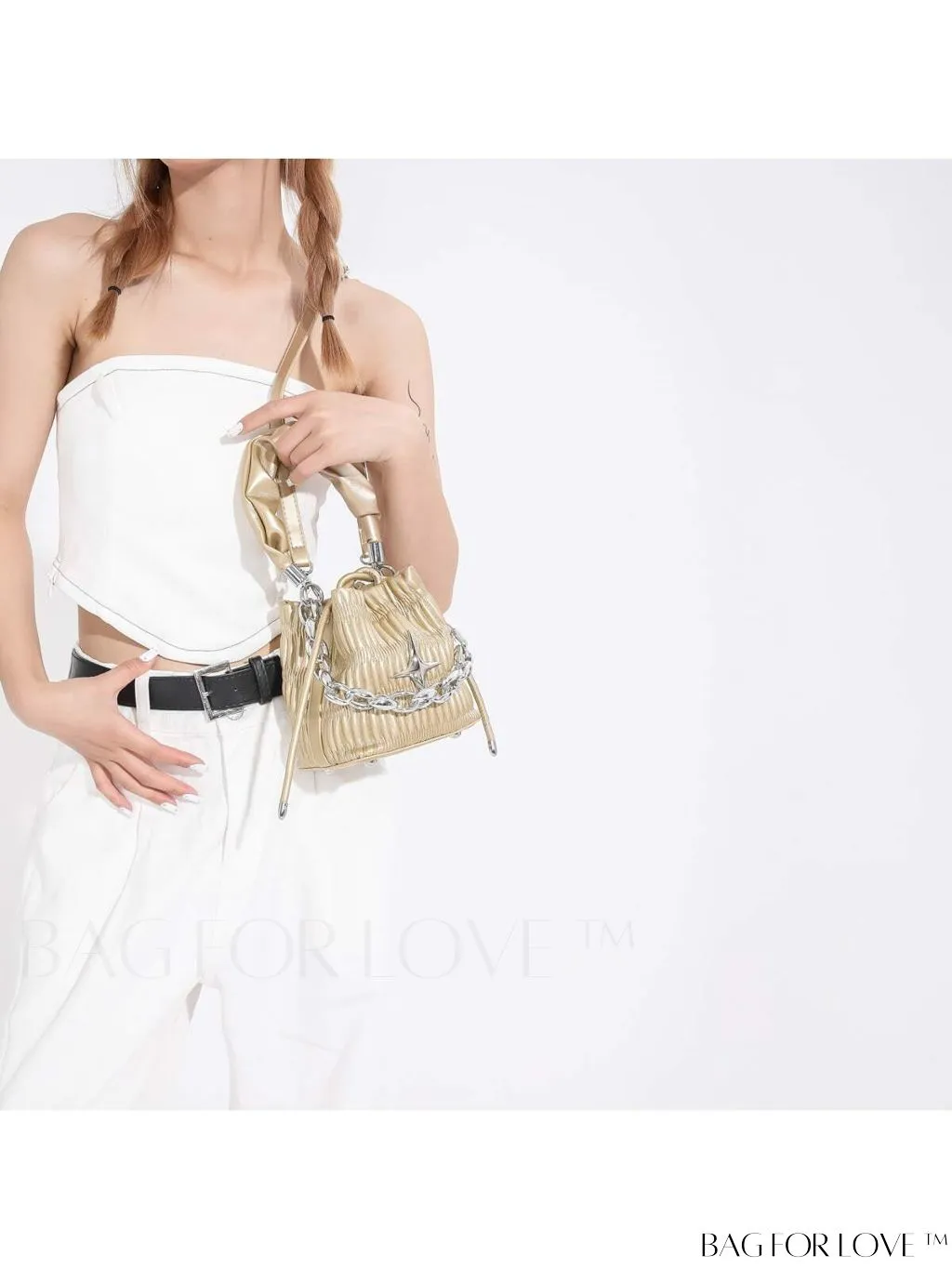 BagForLove - Chic Pink Pleated Drawstring Bucket Bag with Metallic Chain Accents