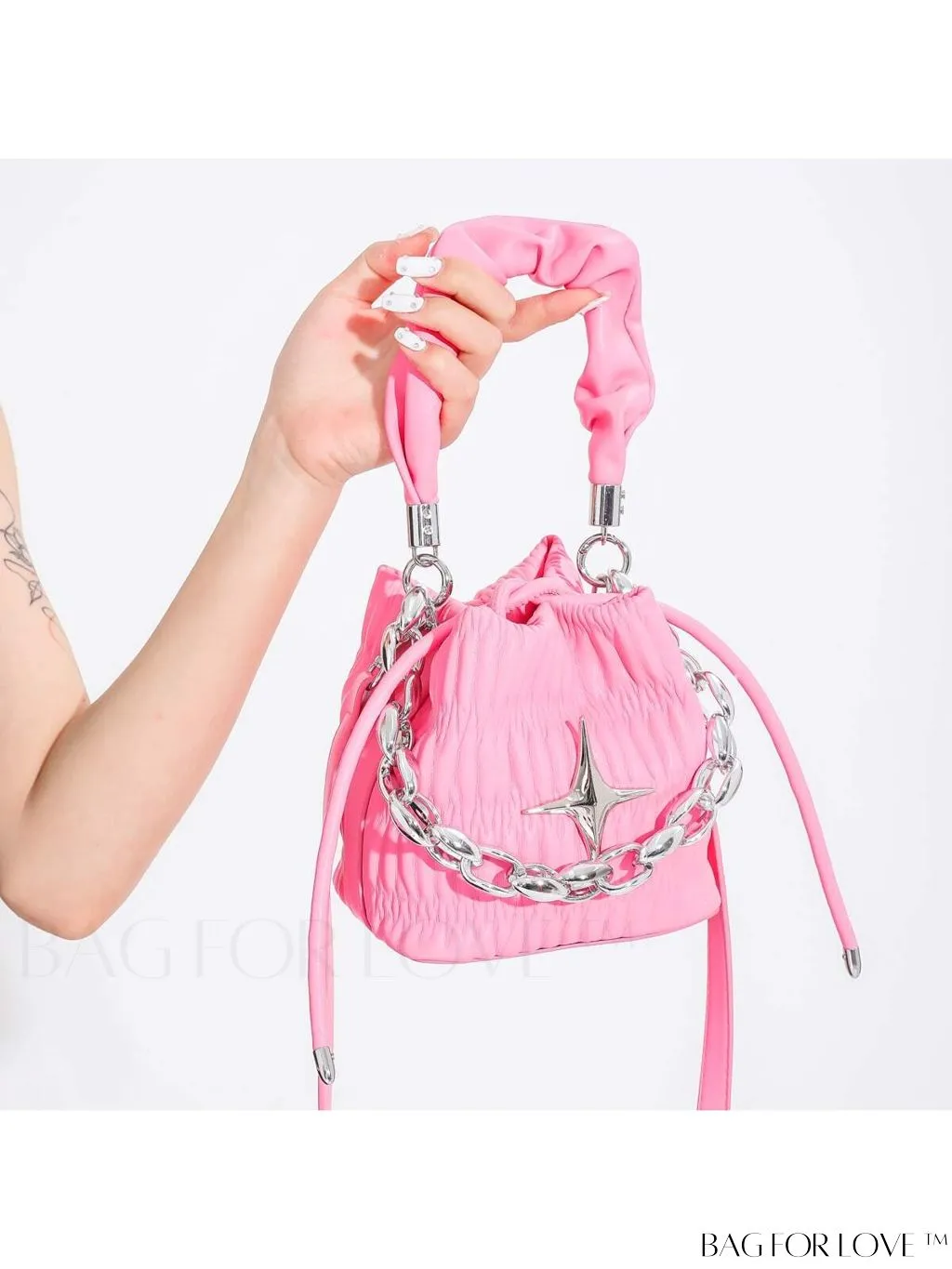 BagForLove - Chic Pink Pleated Drawstring Bucket Bag with Metallic Chain Accents