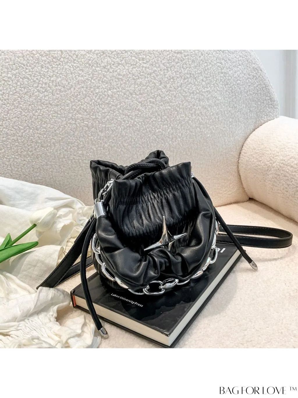 BagForLove - Chic Pink Pleated Drawstring Bucket Bag with Metallic Chain Accents