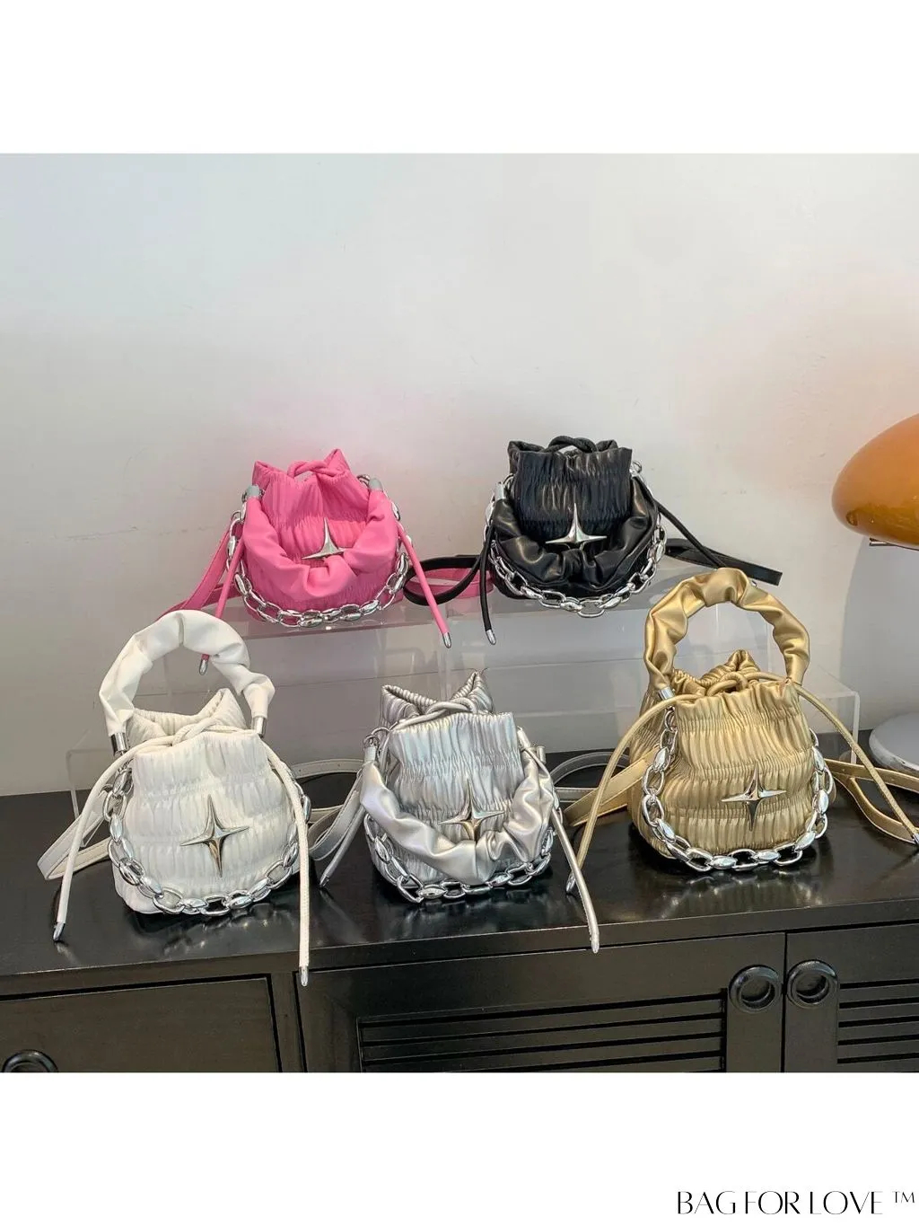 BagForLove - Chic Pink Pleated Drawstring Bucket Bag with Metallic Chain Accents