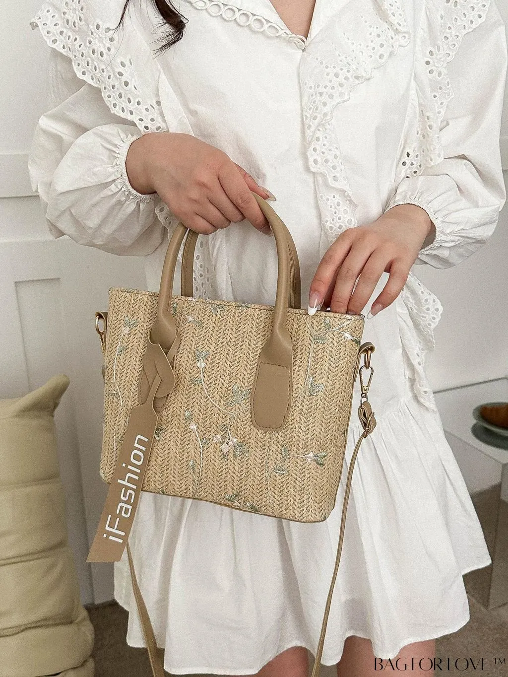 BagForLove - Chic Straw Bag with Floral Embroidery and Letter Tape Accent