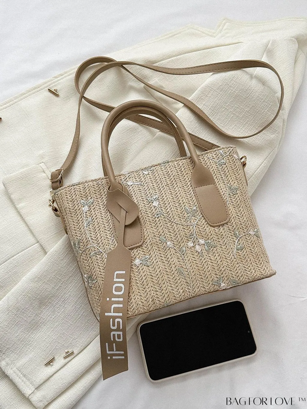 BagForLove - Chic Straw Bag with Floral Embroidery and Letter Tape Accent