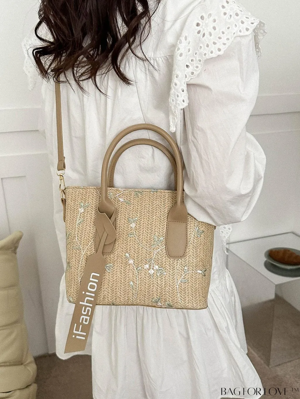 BagForLove - Chic Straw Bag with Floral Embroidery and Letter Tape Accent