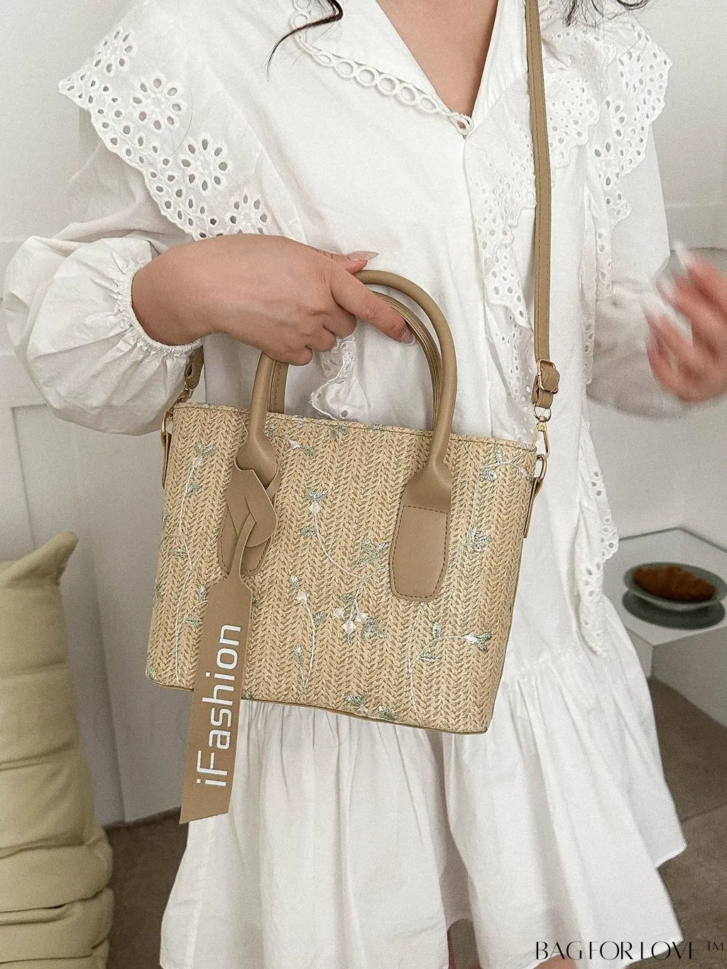 BagForLove - Chic Straw Bag with Floral Embroidery and Letter Tape Accent