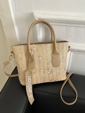 BagForLove - Chic Straw Bag with Floral Embroidery and Letter Tape Accent