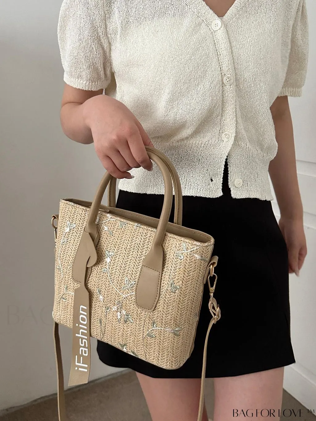 BagForLove - Chic Straw Bag with Floral Embroidery and Letter Tape Accent