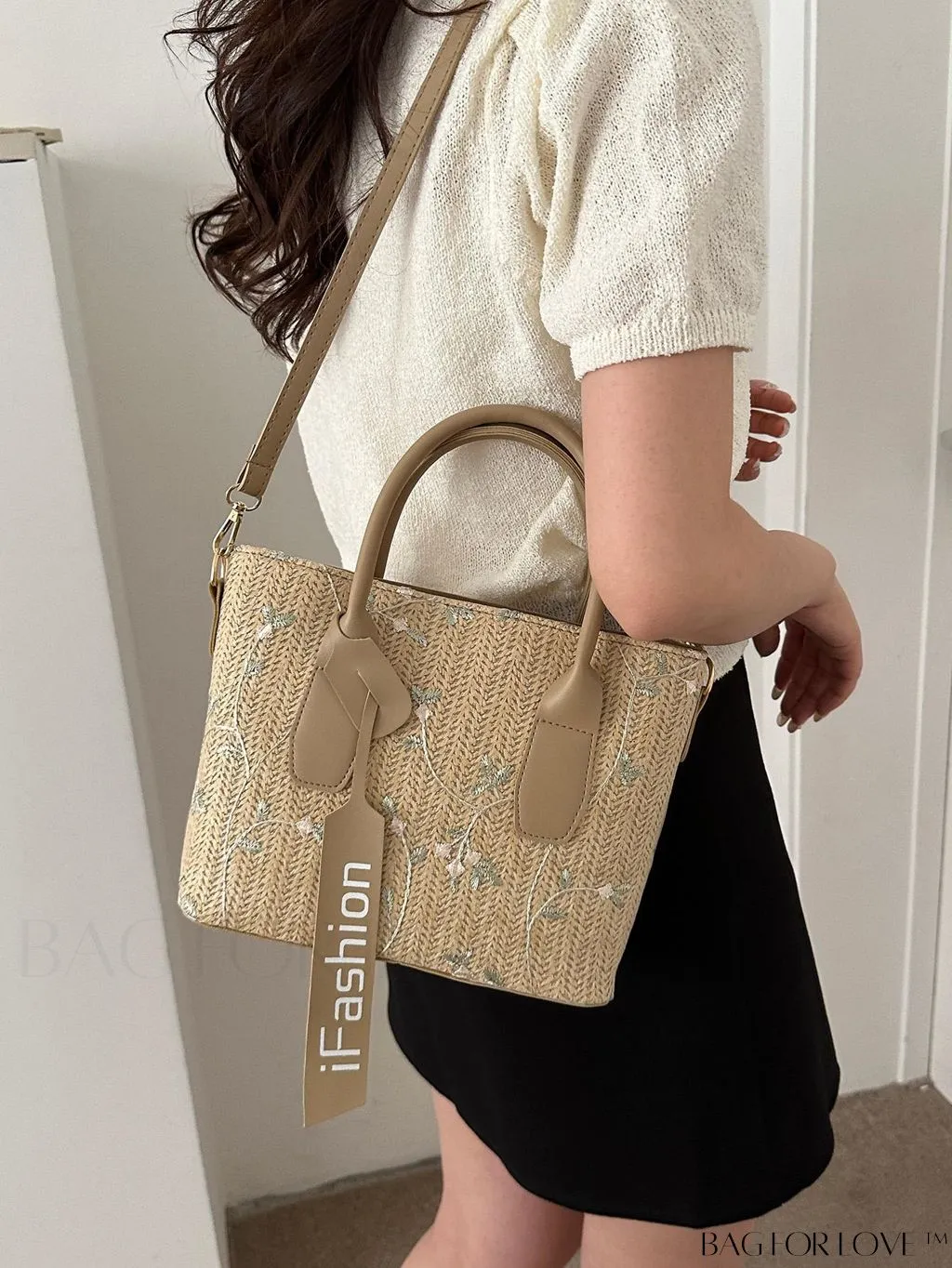 BagForLove - Chic Straw Bag with Floral Embroidery and Letter Tape Accent
