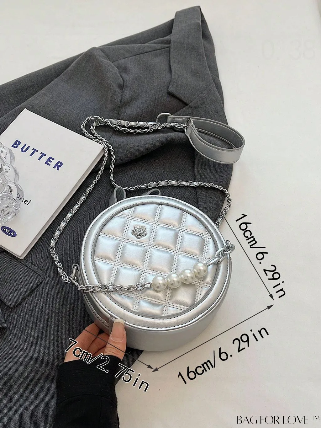 BagForLove - Stylish Mini Circle Bag with Faux Pearl Chain and Metal Flower Detail - Trendy and Chic