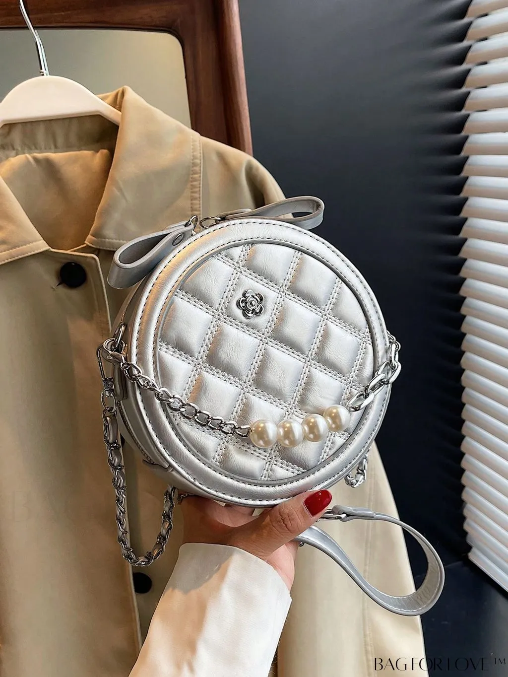 BagForLove - Stylish Mini Circle Bag with Faux Pearl Chain and Metal Flower Detail - Trendy and Chic